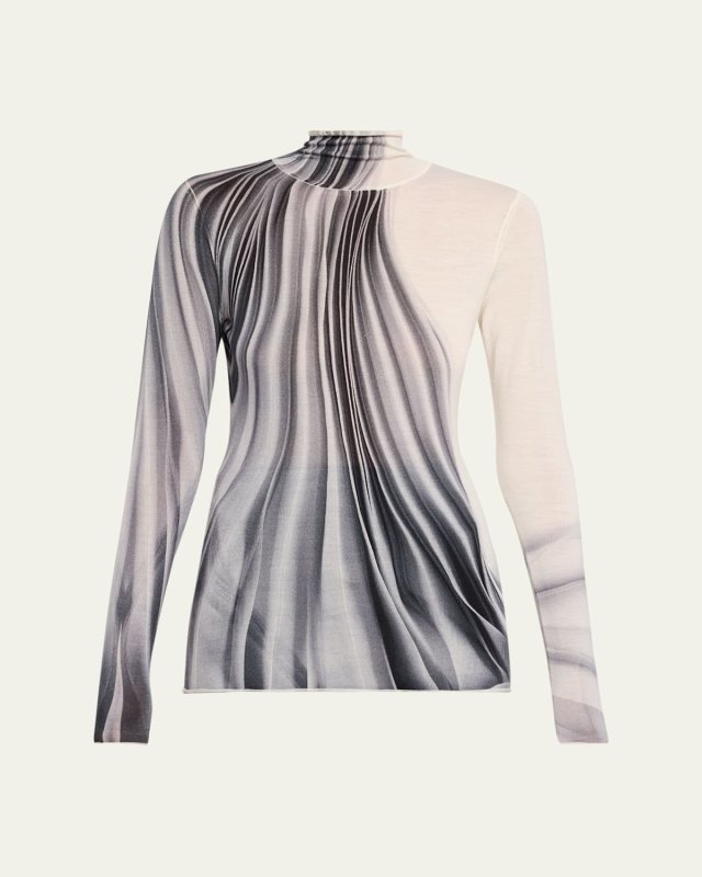 Dancing Pleat Printed Long-Sleeve Turtleneck Top